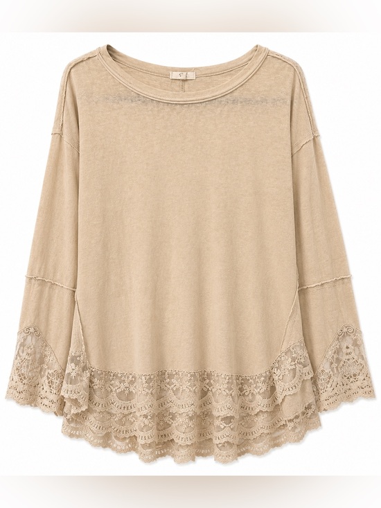 easel Tops - easel Cotton Blend Boho Lace Detail Long Sleeve Top - S